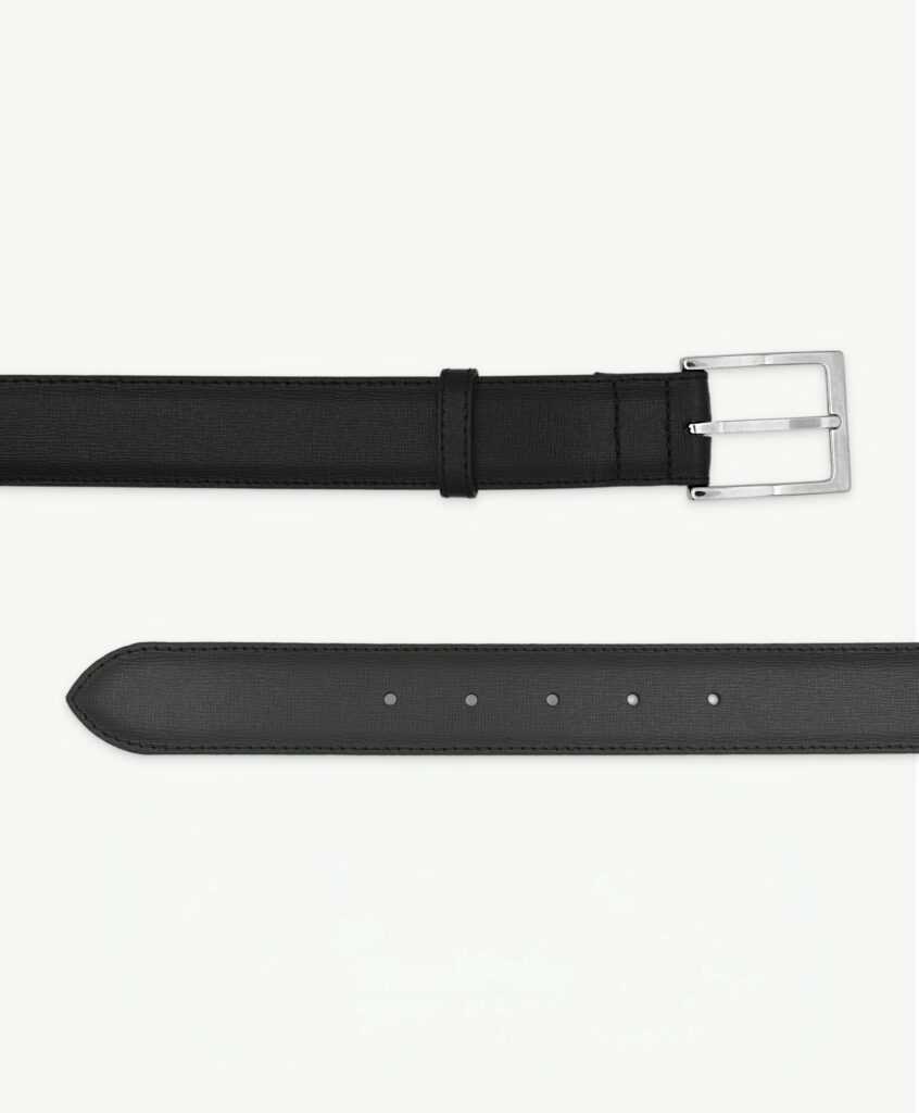 Ceinture Celato en cuir saffiano noir, vue des deux côtés